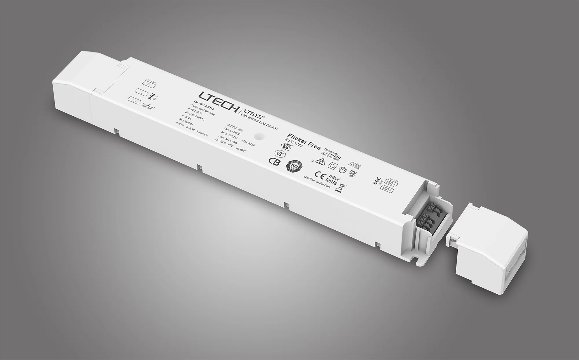 Intelligent LED driver, Leading,Trailing edge, Phase-cut and Push DIM/CCT, 0-100% Dim,CV 75W, 12V DC 3.12A O/P, 200-240Vac I/P, IP20, 5yrs Warranty. LM-75-12-G1T2  LTECH Constant Voltage